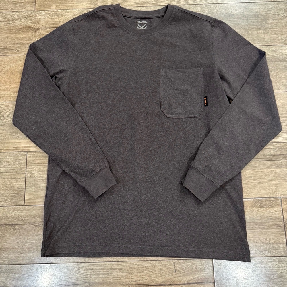 Hawx Work Gear TShirt Mens Medium Brown Long Sleeve Chest Pocket Crew Neck‎